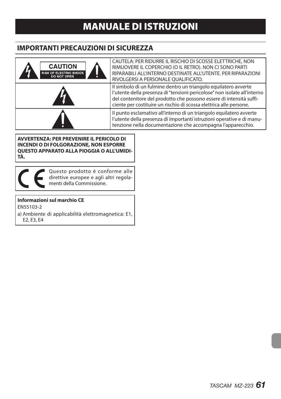 Italiano, Importanti precauzioni di sicurezza, Importanti istruzioni di sicurezza | Manuale di istruzioni | Tascam MZ-223 - Industrial-Grade Zone Mixer User Manual | Page 61 / 92