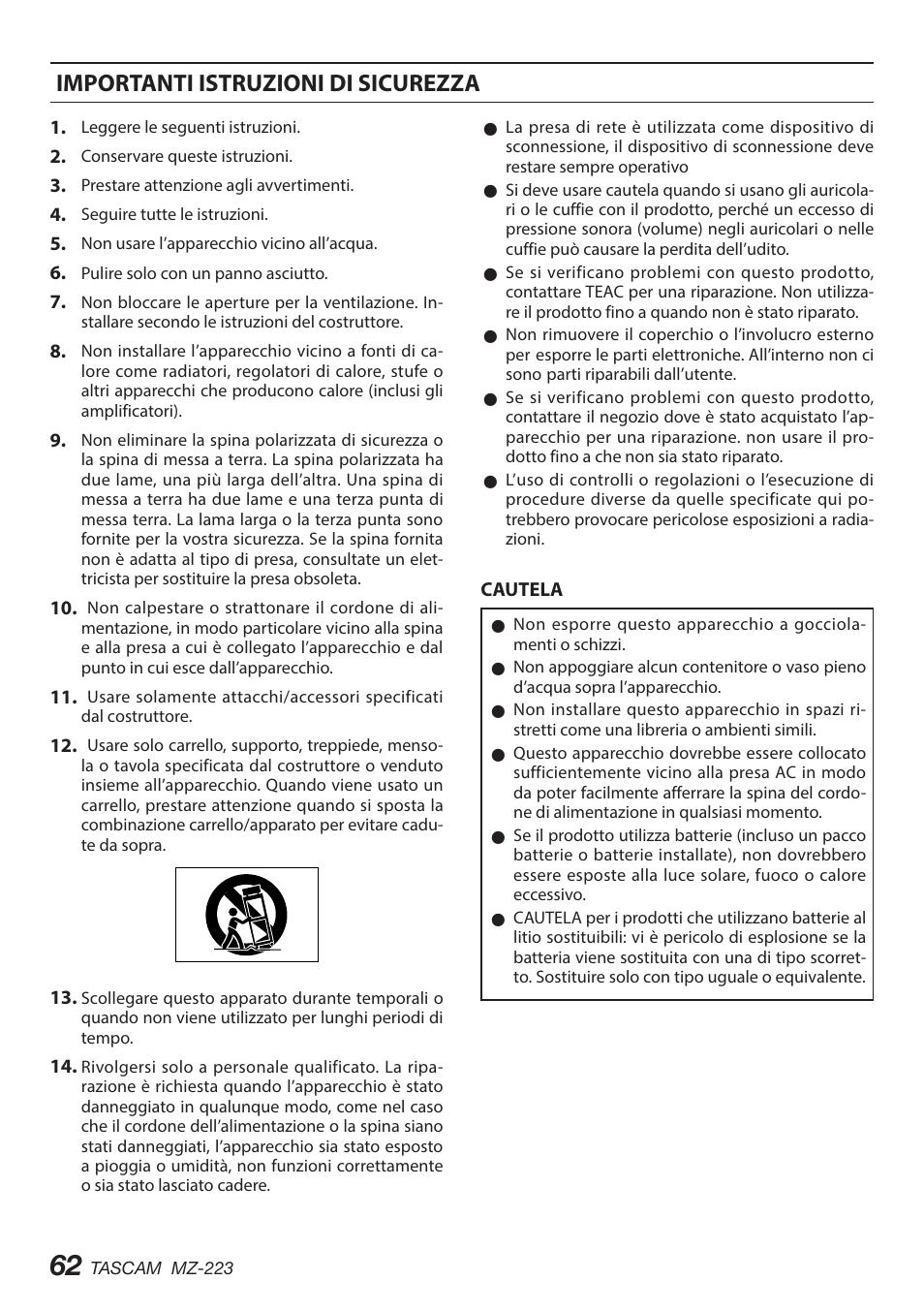 Importanti istruzioni di sicurezza | Tascam MZ-223 - Industrial-Grade Zone Mixer User Manual | Page 62 / 92
