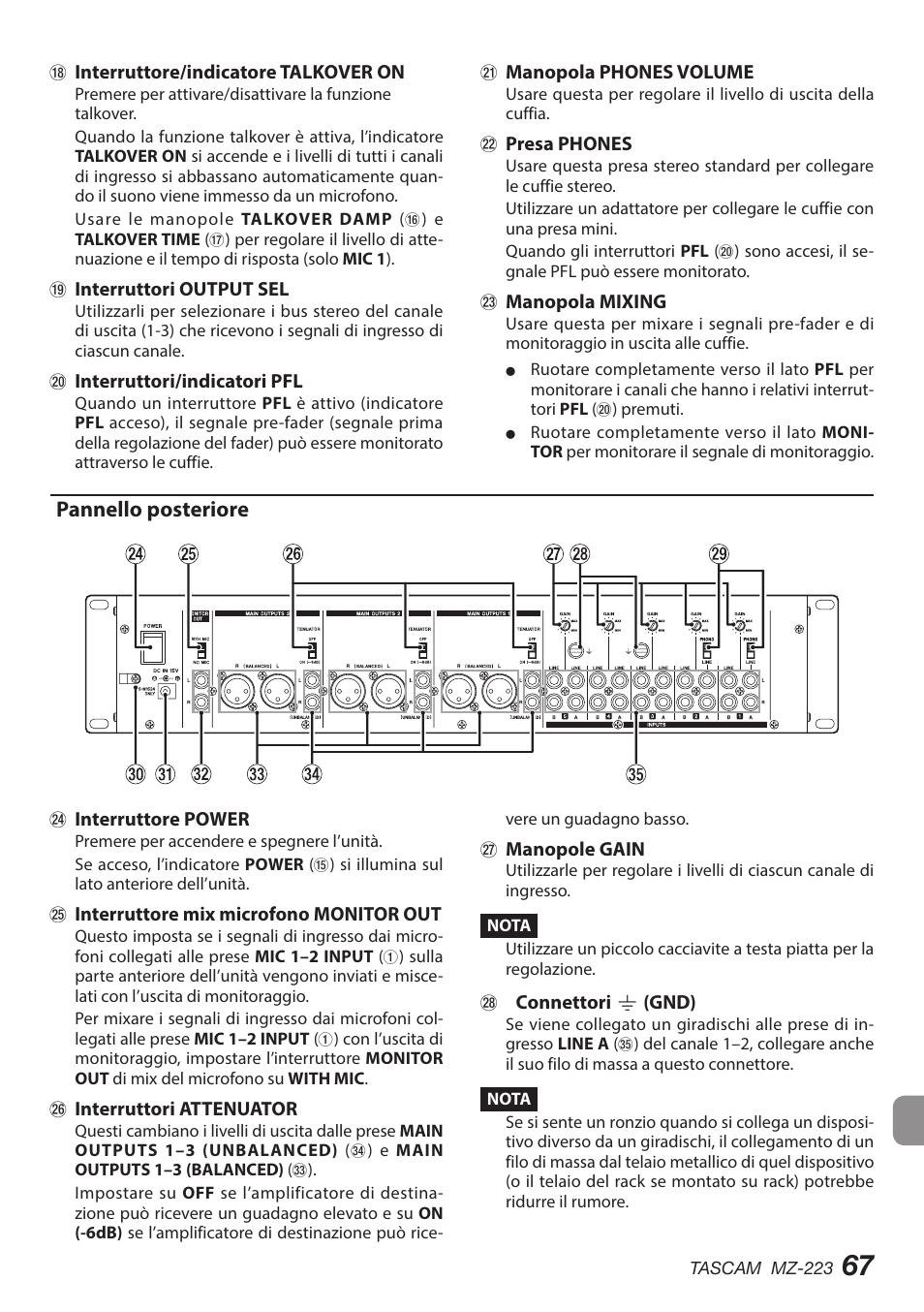 Pannello frontale, Pannello posteriore, Preparativi | Tascam MZ-223 - Industrial-Grade Zone Mixer User Manual | Page 67 / 92