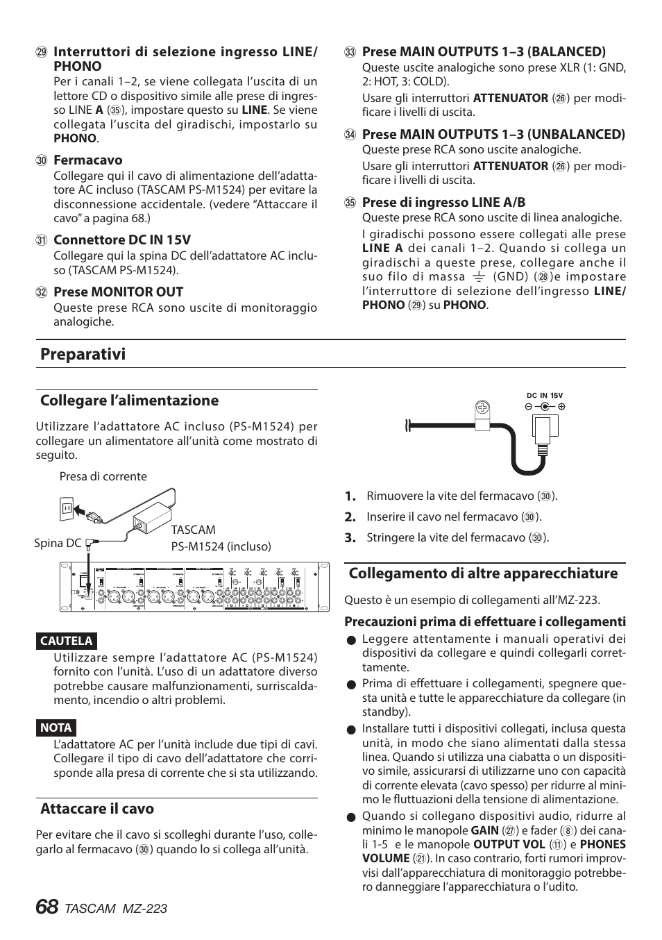 Preparativi, Collegare l’alimentazione, Attaccare il cavo | Collegamento di altre apparecchiature | Tascam MZ-223 - Industrial-Grade Zone Mixer User Manual | Page 68 / 92