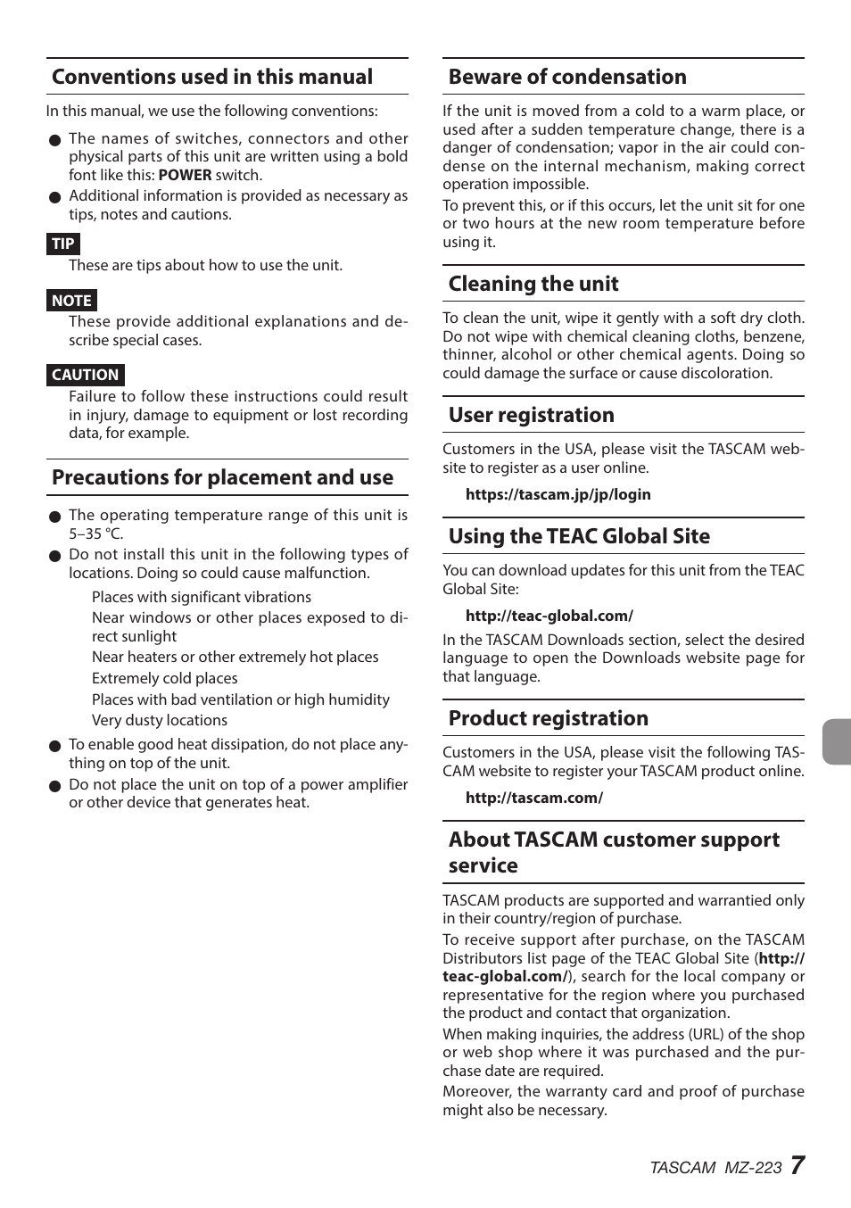 Conventions used in this manual, Precautions for placement and use, Beware of condensation | Cleaning the unit, User registration, Using the teac global site, Product registration, About tascam customer support service | Tascam MZ-223 - Industrial-Grade Zone Mixer User Manual | Page 7 / 92