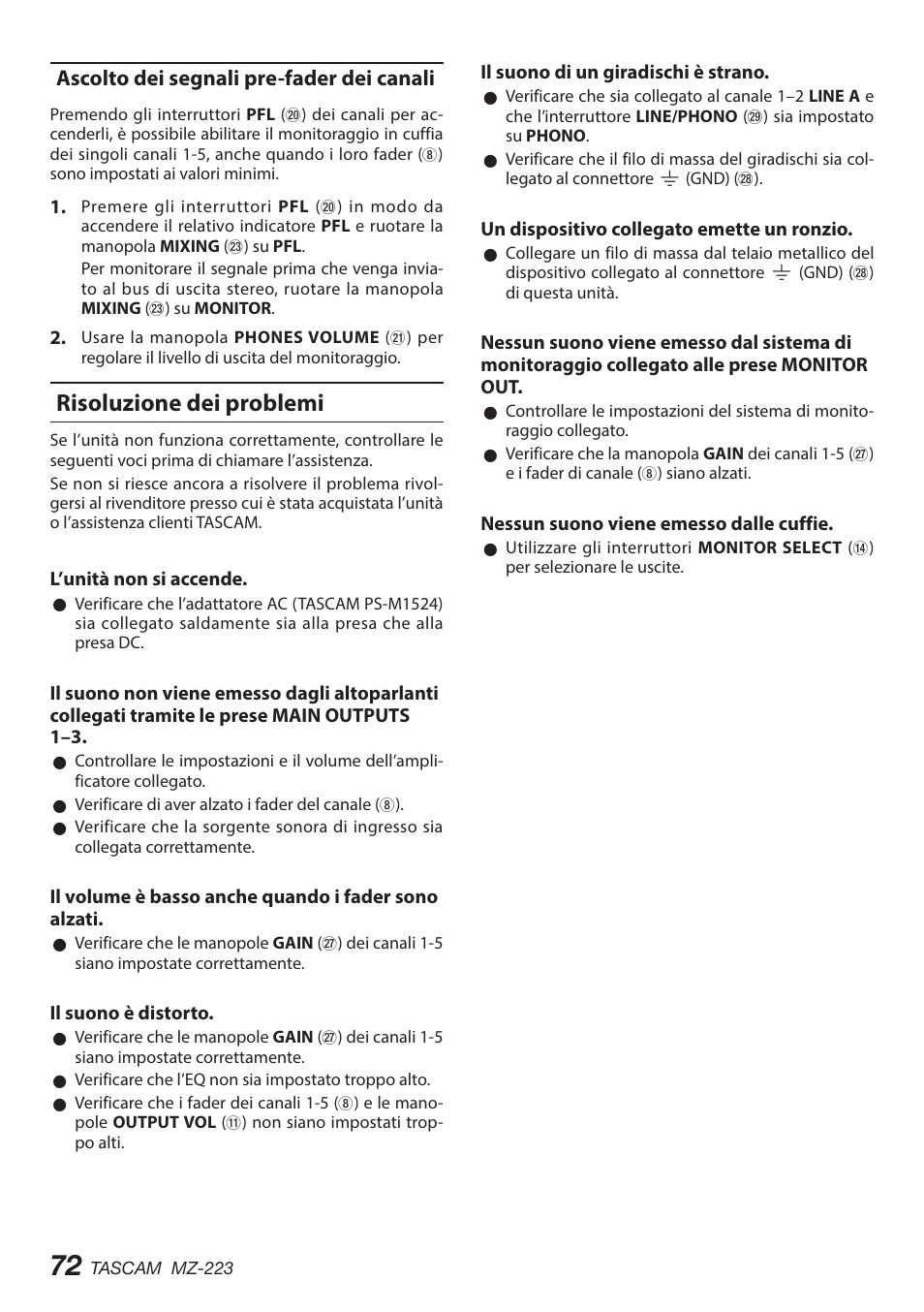 Risoluzione dei problemi, Specifiche, Ingressi audio | Uscite audio, Prestazioni audio, Generali, Ascolto dei segnali pre-fader dei canali | Tascam MZ-223 - Industrial-Grade Zone Mixer User Manual | Page 72 / 92