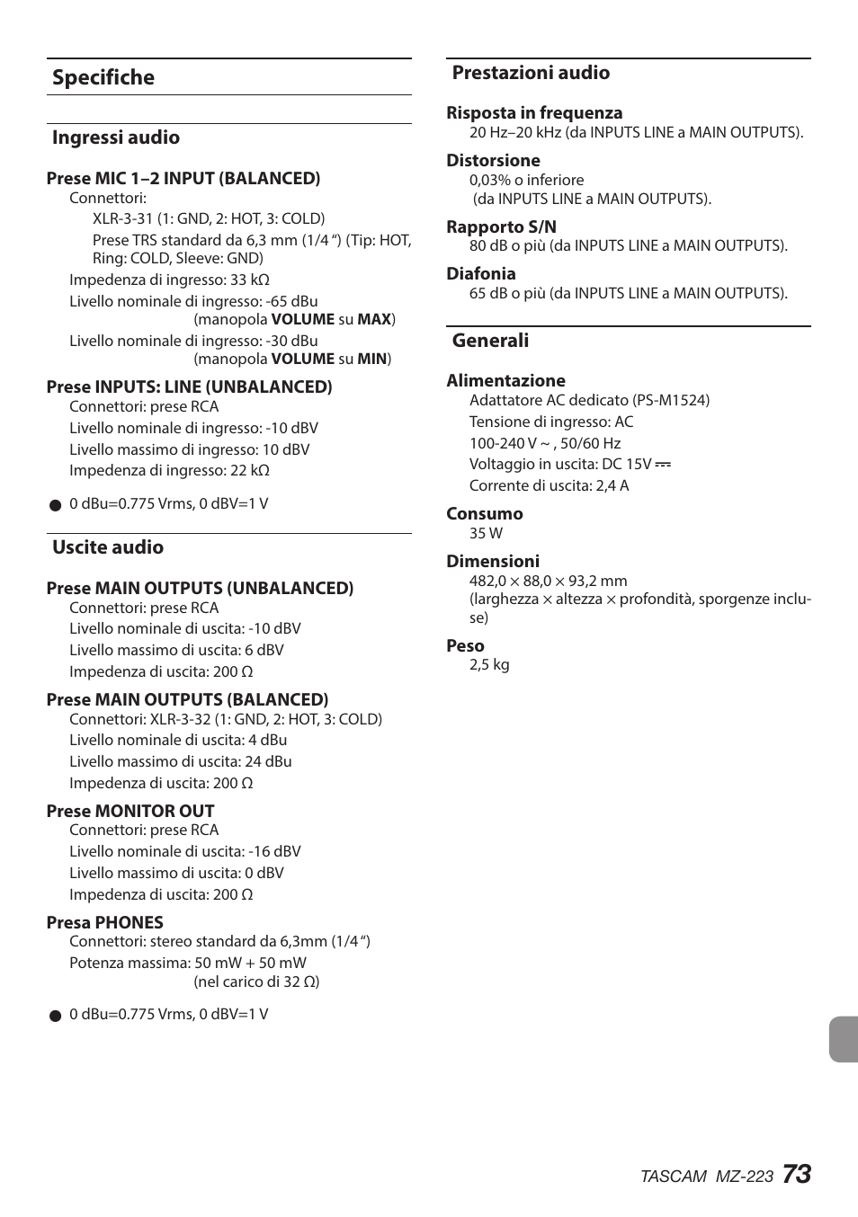 Dimensioni, Diagramma a blocchi, Specifiche | Tascam MZ-223 - Industrial-Grade Zone Mixer User Manual | Page 73 / 92