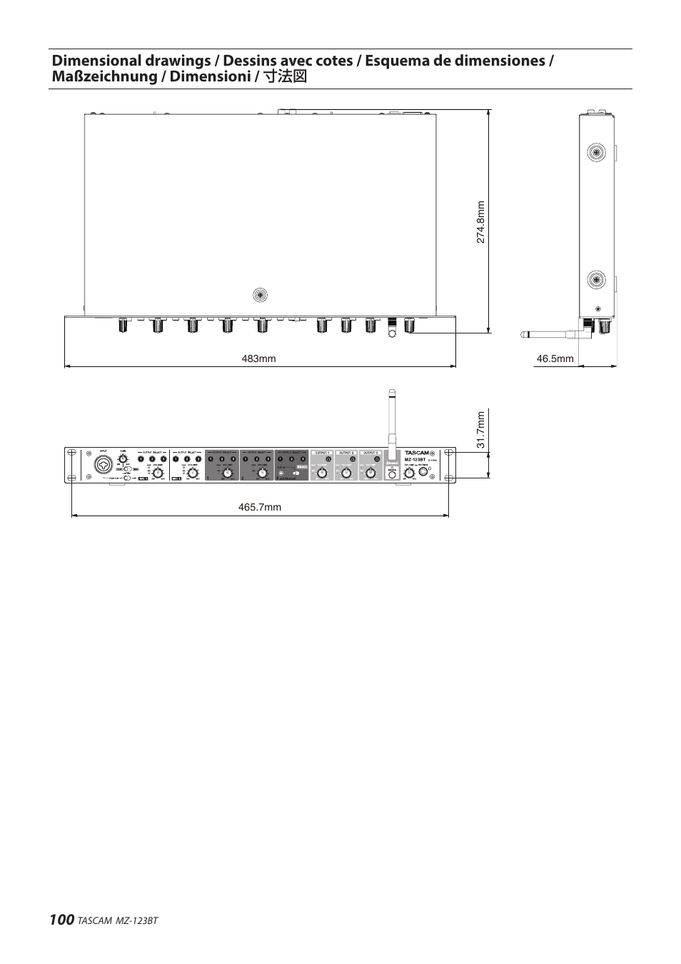 Dimensional drawings | Tascam MZ-123BT Multi-Zone Audio Mixer with Bluetooth User Manual | Page 100 / 104