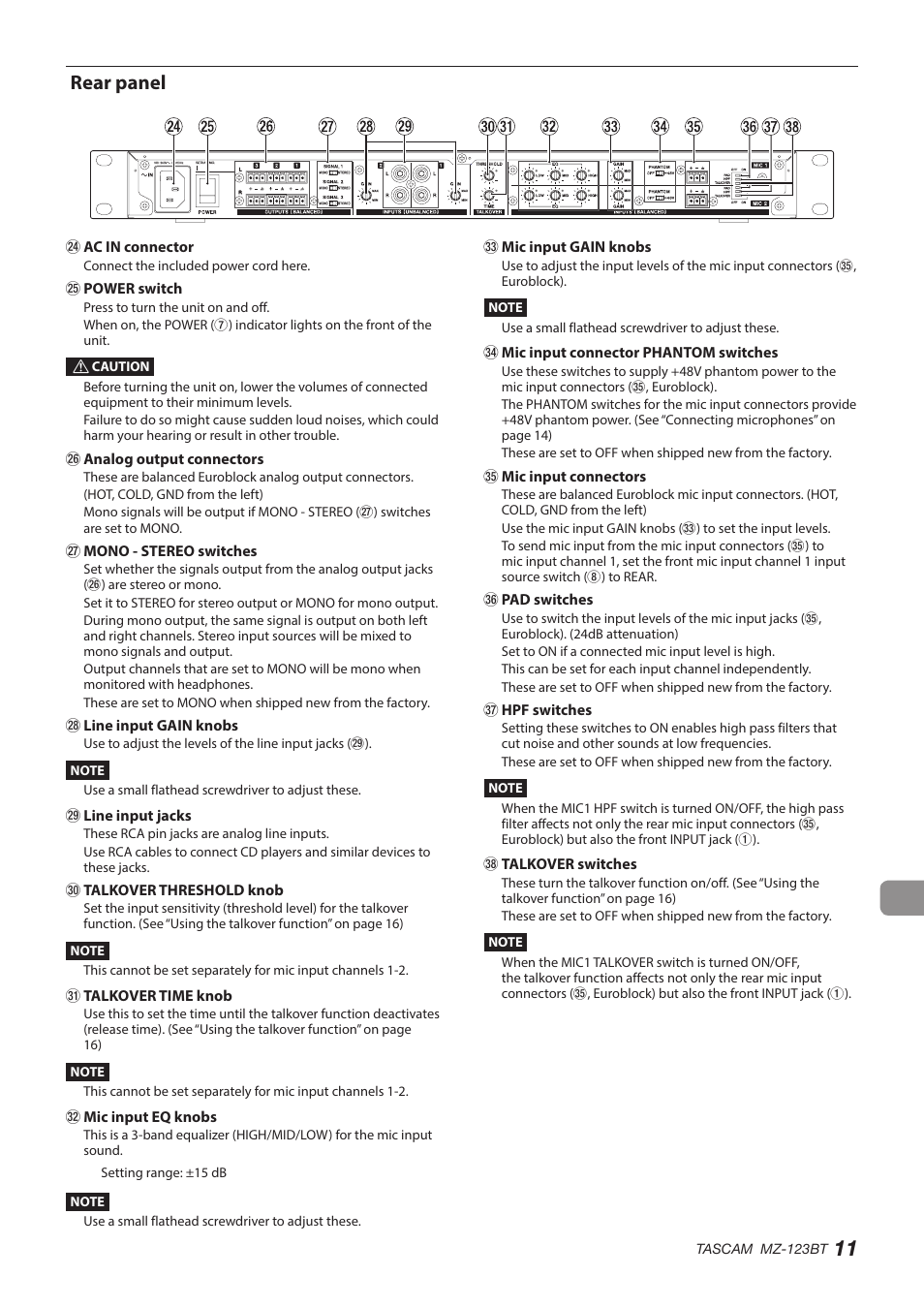 Rear panel | Tascam MZ-123BT Multi-Zone Audio Mixer with Bluetooth User Manual | Page 11 / 104