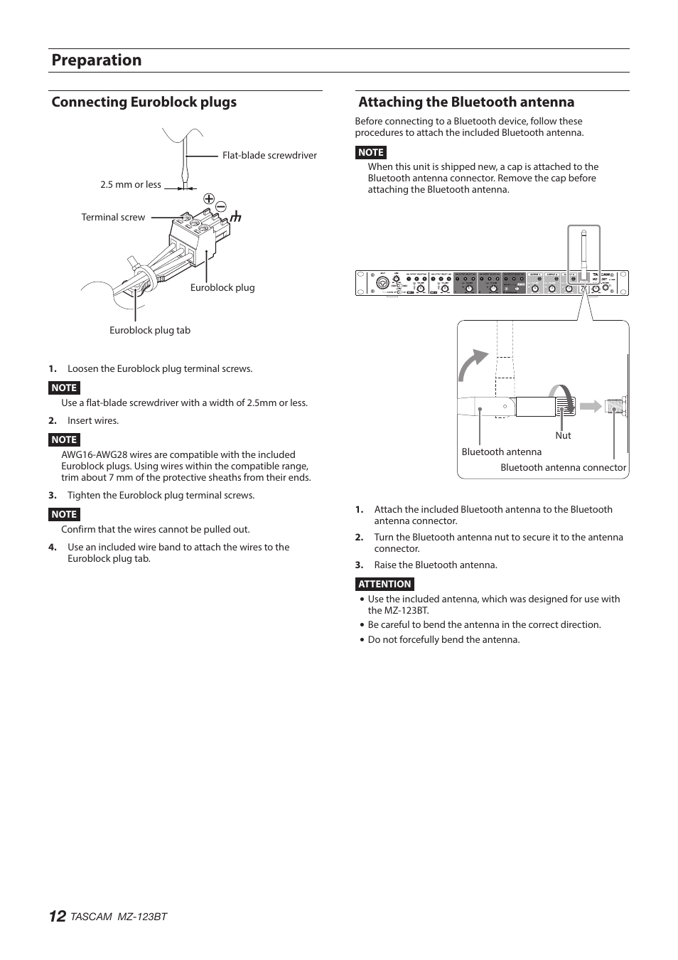 Preparation, Connecting euroblock plugs, Attaching the bluetooth antenna | Tascam MZ-123BT Multi-Zone Audio Mixer with Bluetooth User Manual | Page 12 / 104