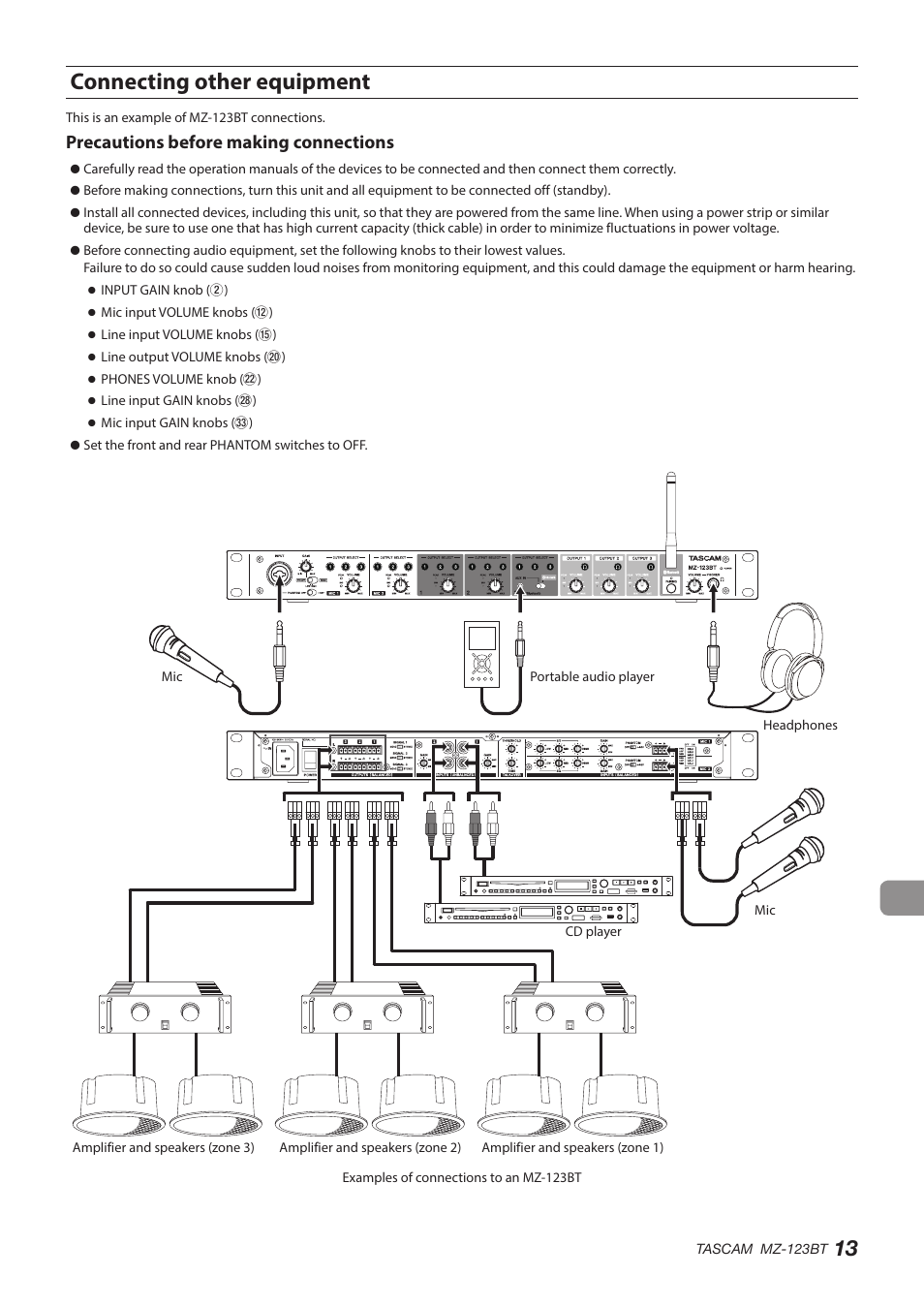 Connecting other equipment, Precautions before making connections | Tascam MZ-123BT Multi-Zone Audio Mixer with Bluetooth User Manual | Page 13 / 104