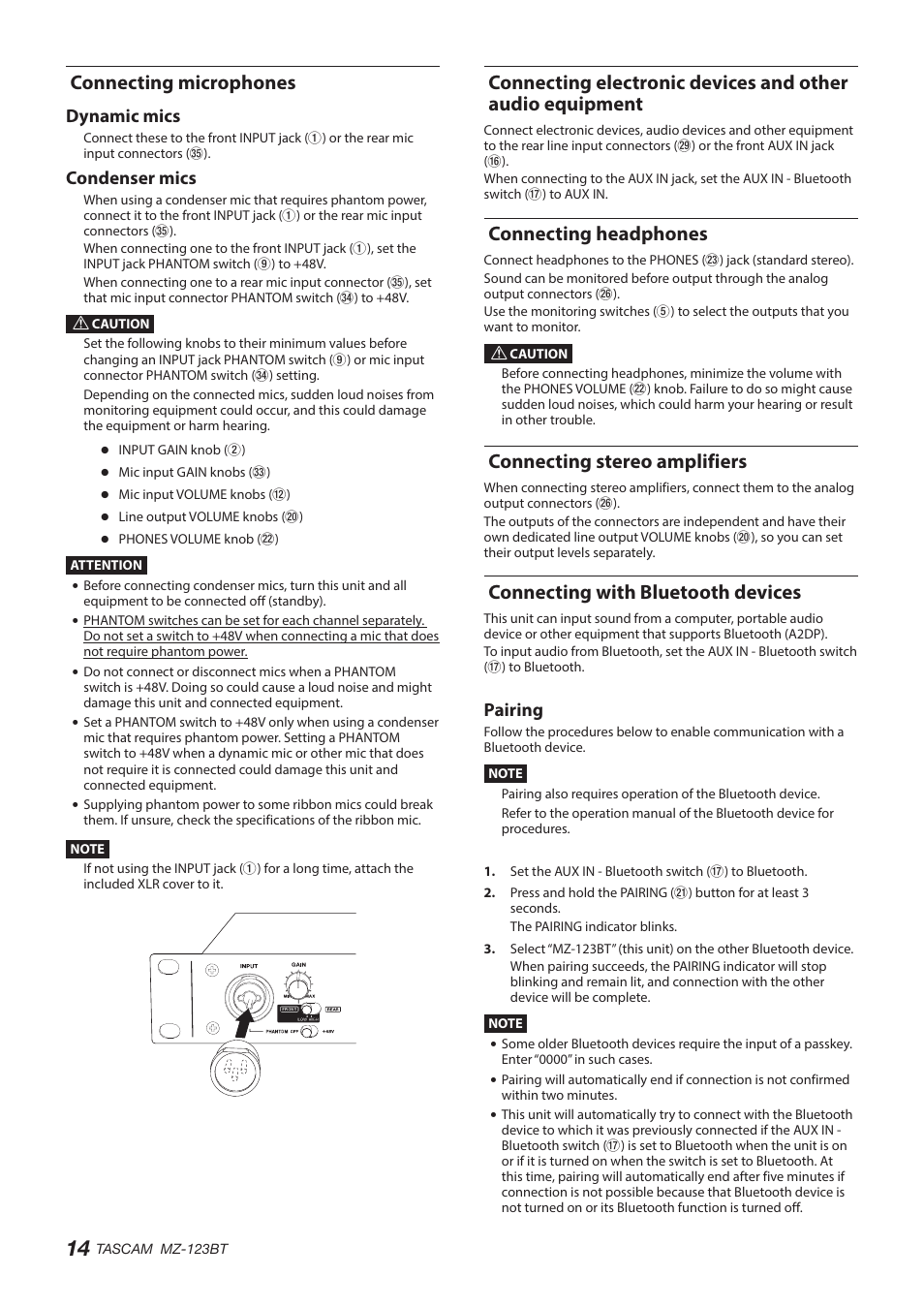 Connecting microphones, Connecting headphones, Connecting stereo amplifiers | Connecting with bluetooth devices, See “connecting microphones” on, Dynamic mics, Condenser mics, Pairing | Tascam MZ-123BT Multi-Zone Audio Mixer with Bluetooth User Manual | Page 14 / 104