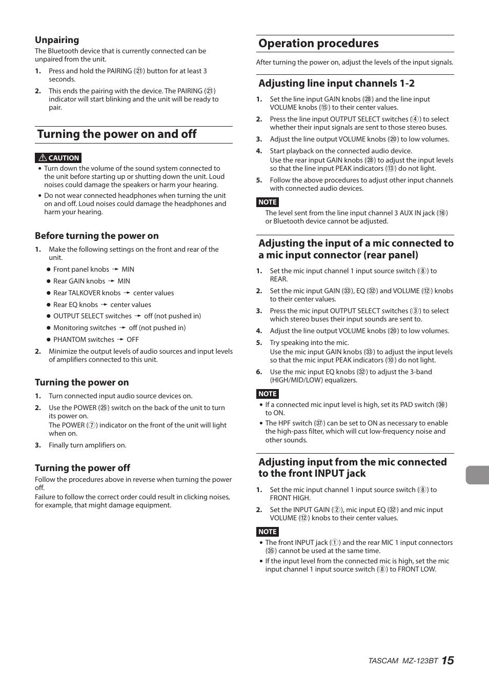 Turning the power on and off, Operation procedures, Adjusting line input channels 1-2 | Turning the power on and off operation procedures, Jack, Unpairing, Before turning the power on, Turning the power on, Turning the power off | Tascam MZ-123BT Multi-Zone Audio Mixer with Bluetooth User Manual | Page 15 / 104