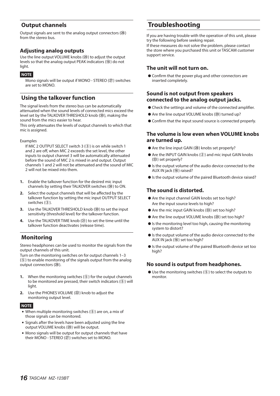 Output channels, Using the talkover function, Monitoring | Troubleshooting, See “using the, Adjusting analog outputs, The unit will not turn on, The sound is distorted, No sound is output from headphones | Tascam MZ-123BT Multi-Zone Audio Mixer with Bluetooth User Manual | Page 16 / 104