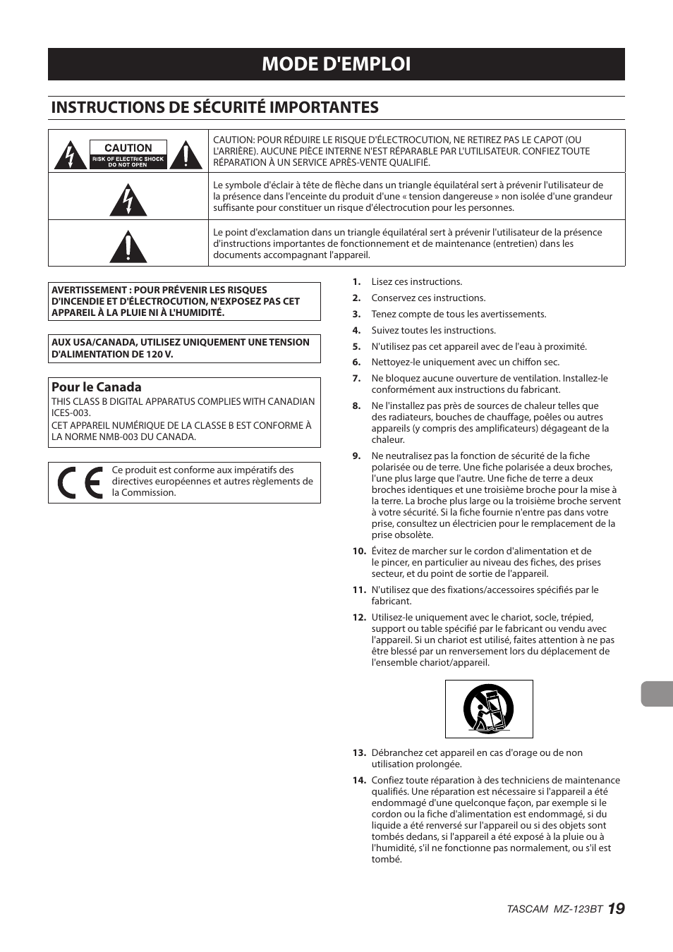 Français, Instructions de sécurité importantes, Mode d'emploi | Pour le canada | Tascam MZ-123BT Multi-Zone Audio Mixer with Bluetooth User Manual | Page 19 / 104