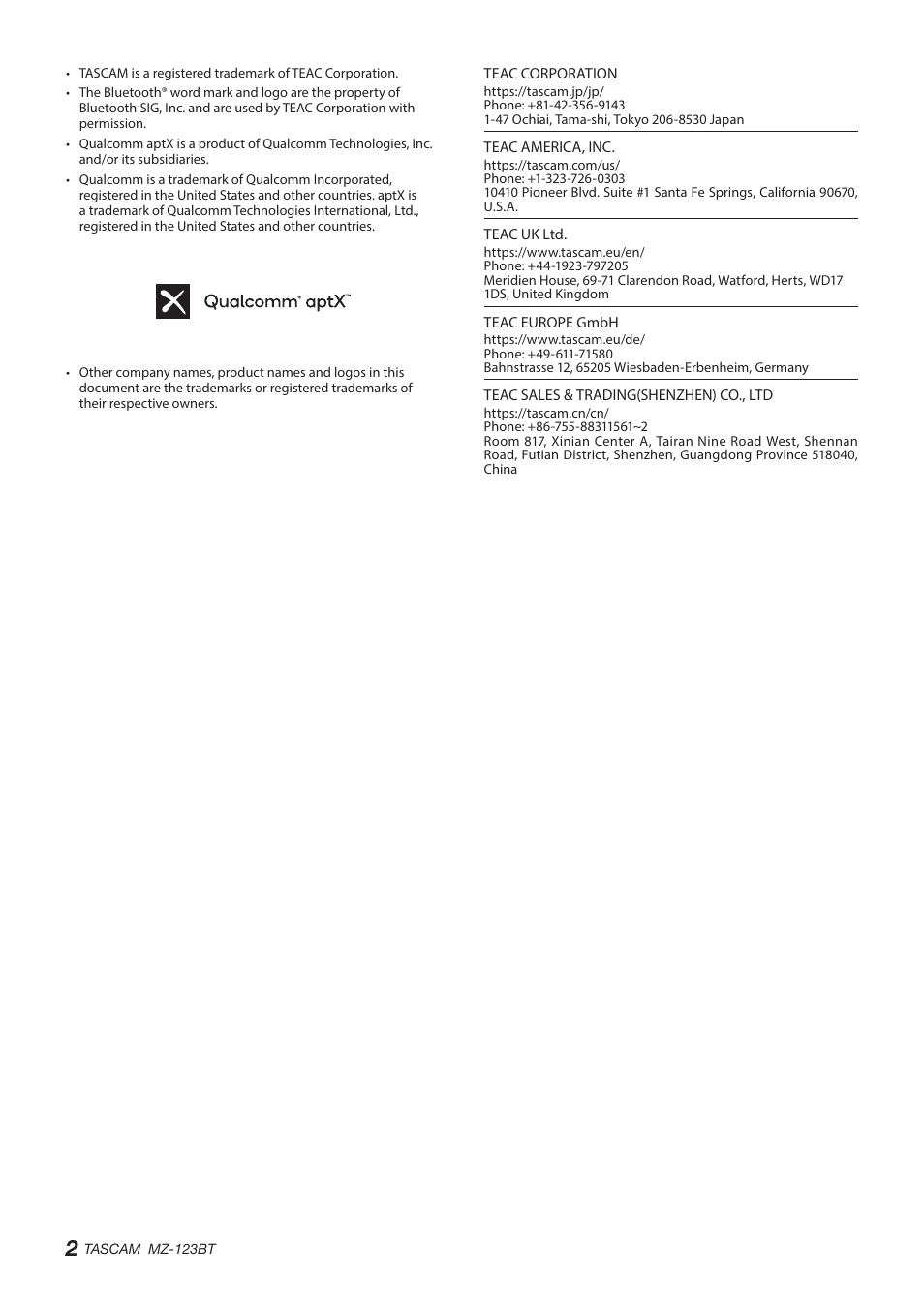 Tascam MZ-123BT Multi-Zone Audio Mixer with Bluetooth User Manual | Page 2 / 104