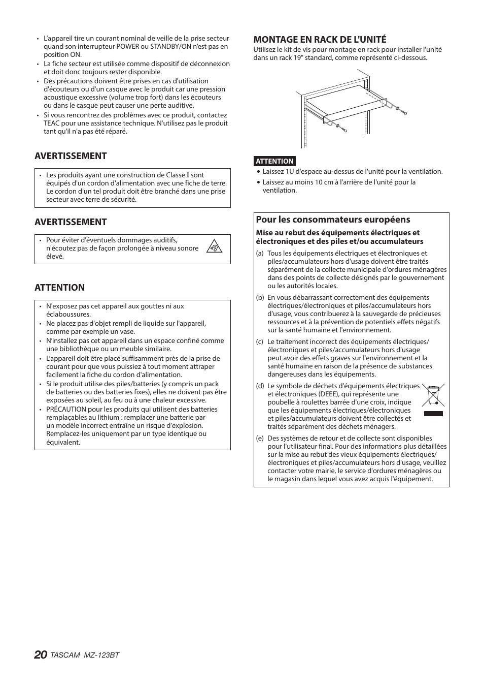 Avertissement, Attention, Montage en rack de l'unité | Pour les consommateurs européens | Tascam MZ-123BT Multi-Zone Audio Mixer with Bluetooth User Manual | Page 20 / 104
