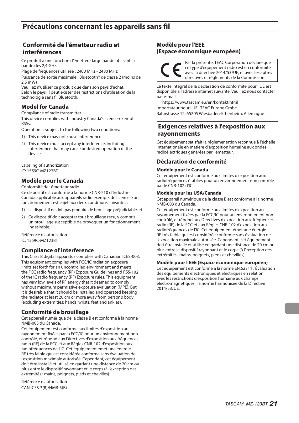 Précautions concernant les appareils sans fil, Conformité de l'émetteur radio et interférences, Model for canada | Modèle pour le canada, Compliance of interference, Conformité de brouillage, Modèle pour l'eee (espace économique européen), Déclaration de conformité | Tascam MZ-123BT Multi-Zone Audio Mixer with Bluetooth User Manual | Page 21 / 104