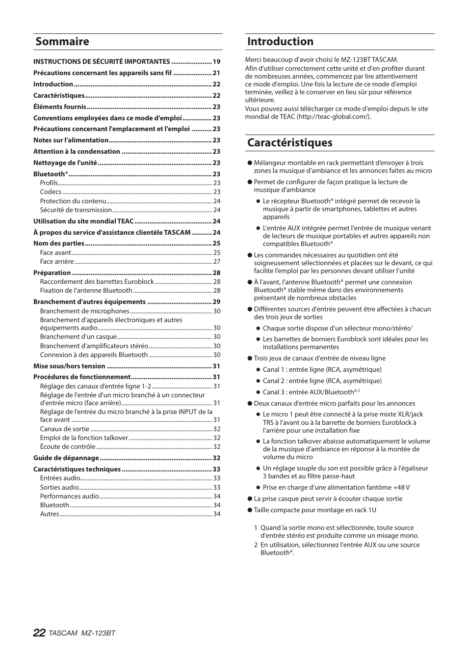 Introduction, Caractéristiques, Sommaire | Tascam MZ-123BT Multi-Zone Audio Mixer with Bluetooth User Manual | Page 22 / 104