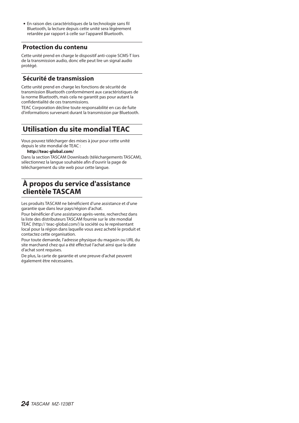 Protection du contenu, Sécurité de transmission, Utilisation du site mondial teac | À propos du service d'assistance clientèle tascam, Protection du contenu sécurité de transmission | Tascam MZ-123BT Multi-Zone Audio Mixer with Bluetooth User Manual | Page 24 / 104