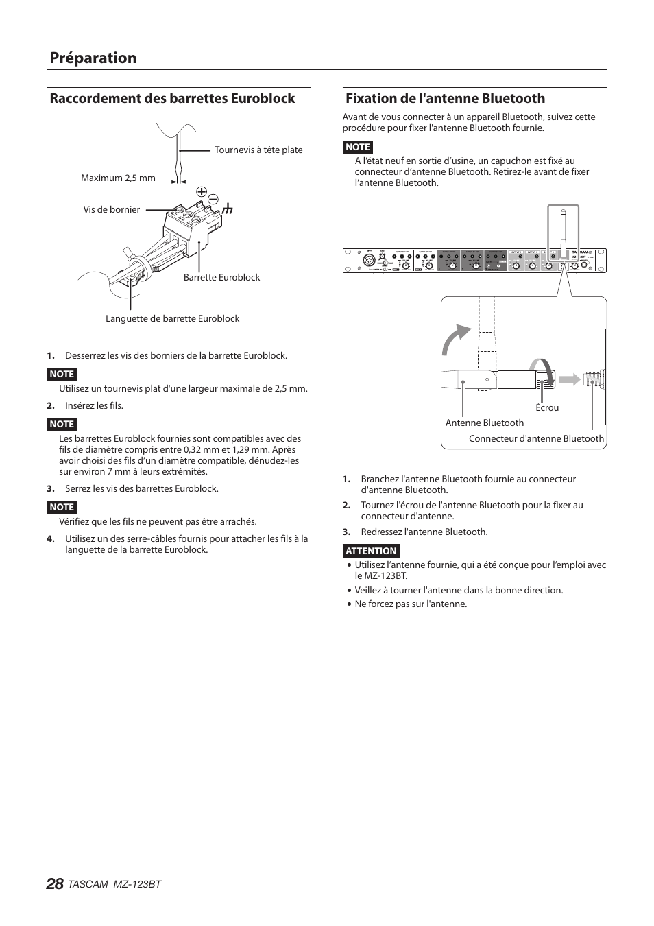 Préparation, Raccordement des barrettes euroblock, Fixation de l'antenne bluetooth | Tascam MZ-123BT Multi-Zone Audio Mixer with Bluetooth User Manual | Page 28 / 104