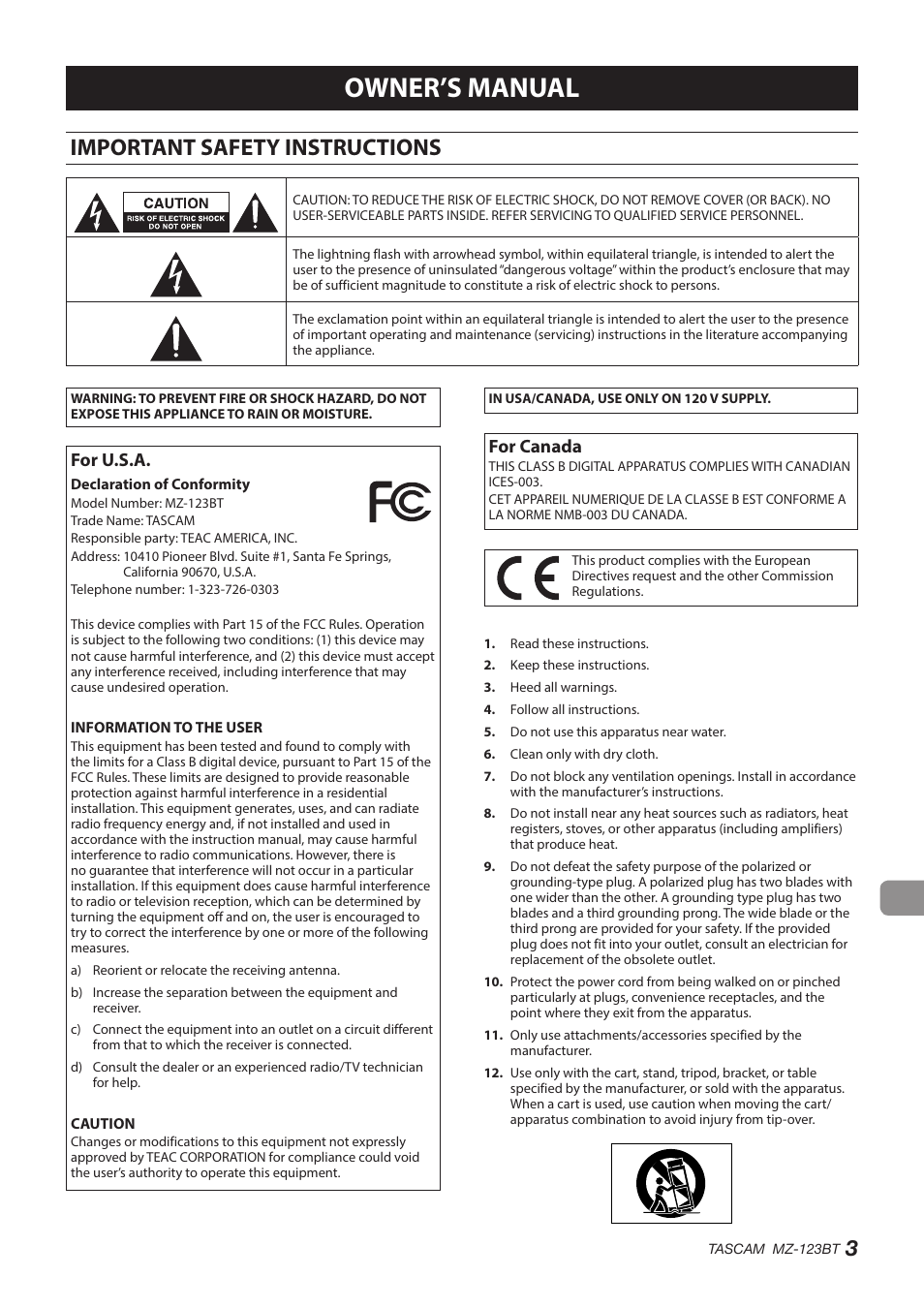 English, Important safety instructions, Owner’s manual | For u.s.a, For canada | Tascam MZ-123BT Multi-Zone Audio Mixer with Bluetooth User Manual | Page 3 / 104