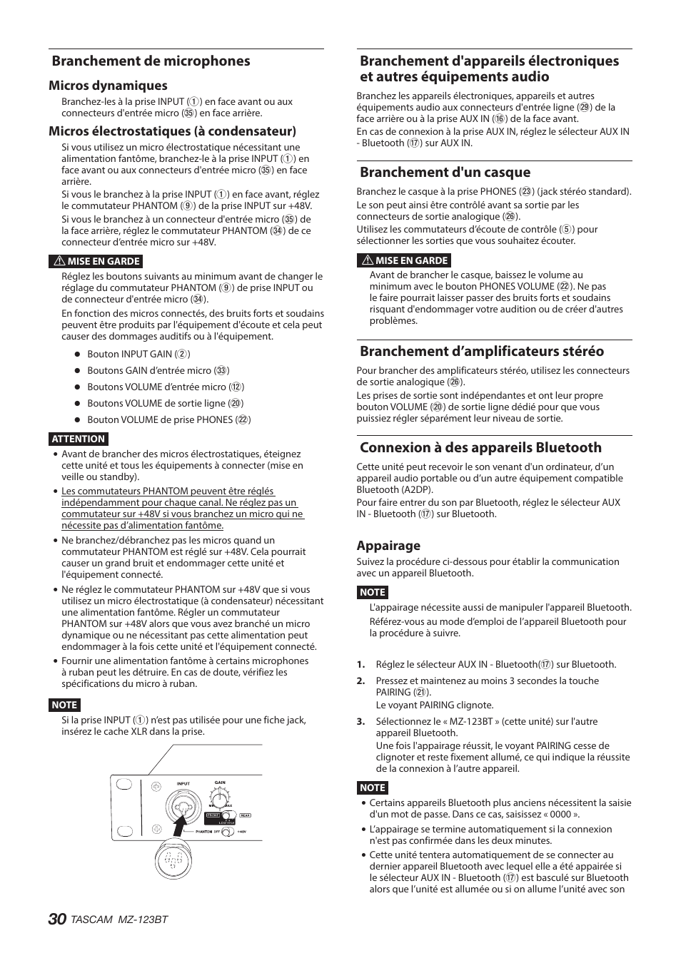 Branchement de microphones, Branchement d'un casque, Branchement d’amplificateurs stéréo | Connexion à des appareils bluetooth, Voir, Micros dynamiques, Micros électrostatiques (à condensateur), Appairage | Tascam MZ-123BT Multi-Zone Audio Mixer with Bluetooth User Manual | Page 30 / 104