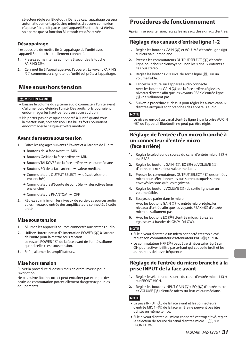 Mise sous/hors tension, Procédures de fonctionnement, Réglage des canaux d’entrée ligne 1-2 | Face avant, Désappairage, Avant de mettre sous tension, Mise sous tension, Mise hors tension | Tascam MZ-123BT Multi-Zone Audio Mixer with Bluetooth User Manual | Page 31 / 104