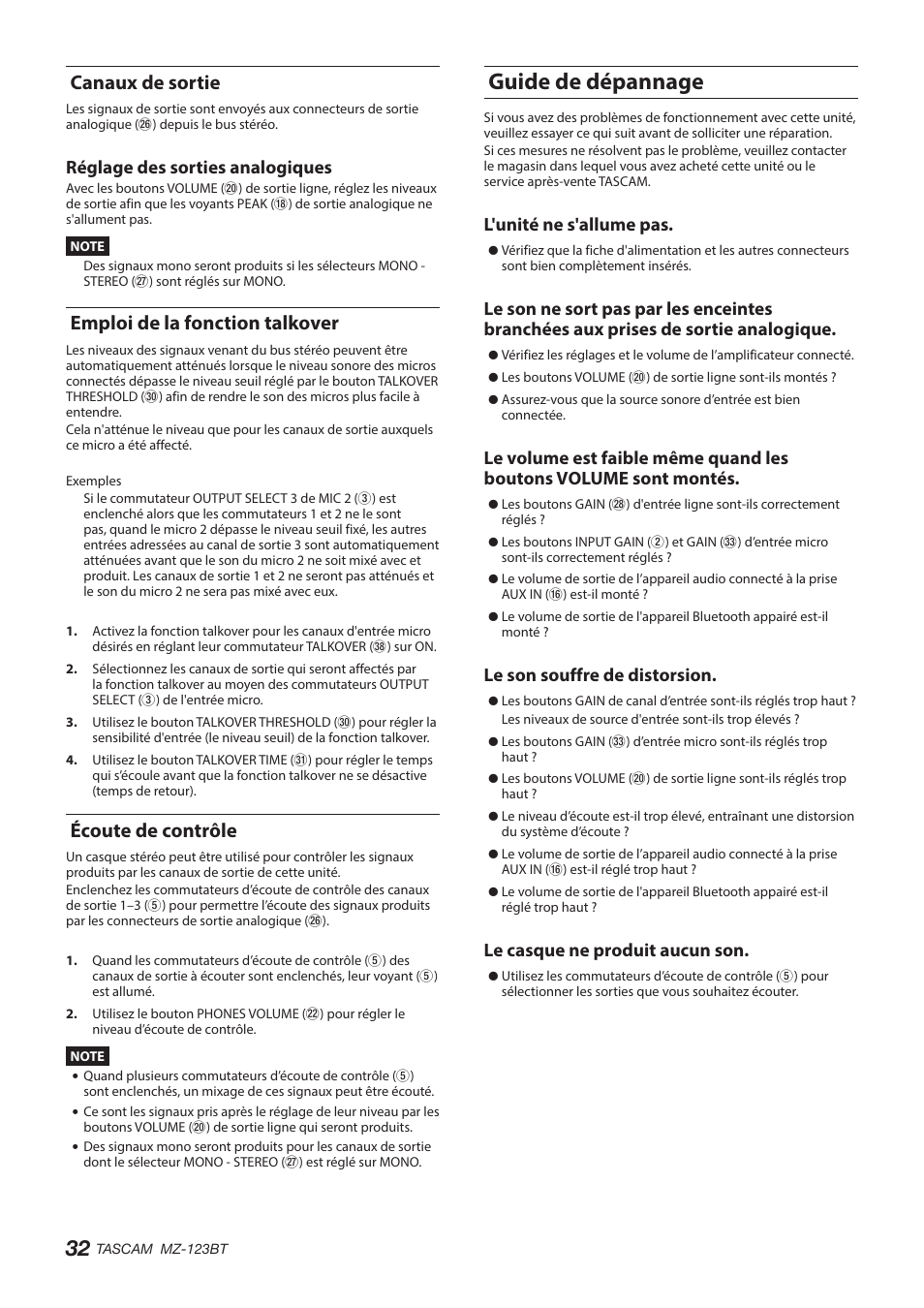 Canaux de sortie, Emploi de la fonction talkover, Écoute de contrôle | Guide de dépannage, Voir « emploi de la fonction talkover » en, Er (voir « emploi de, Réglage des sorties analogiques, L'unité ne s'allume pas, Le son souffre de distorsion, Le casque ne produit aucun son | Tascam MZ-123BT Multi-Zone Audio Mixer with Bluetooth User Manual | Page 32 / 104