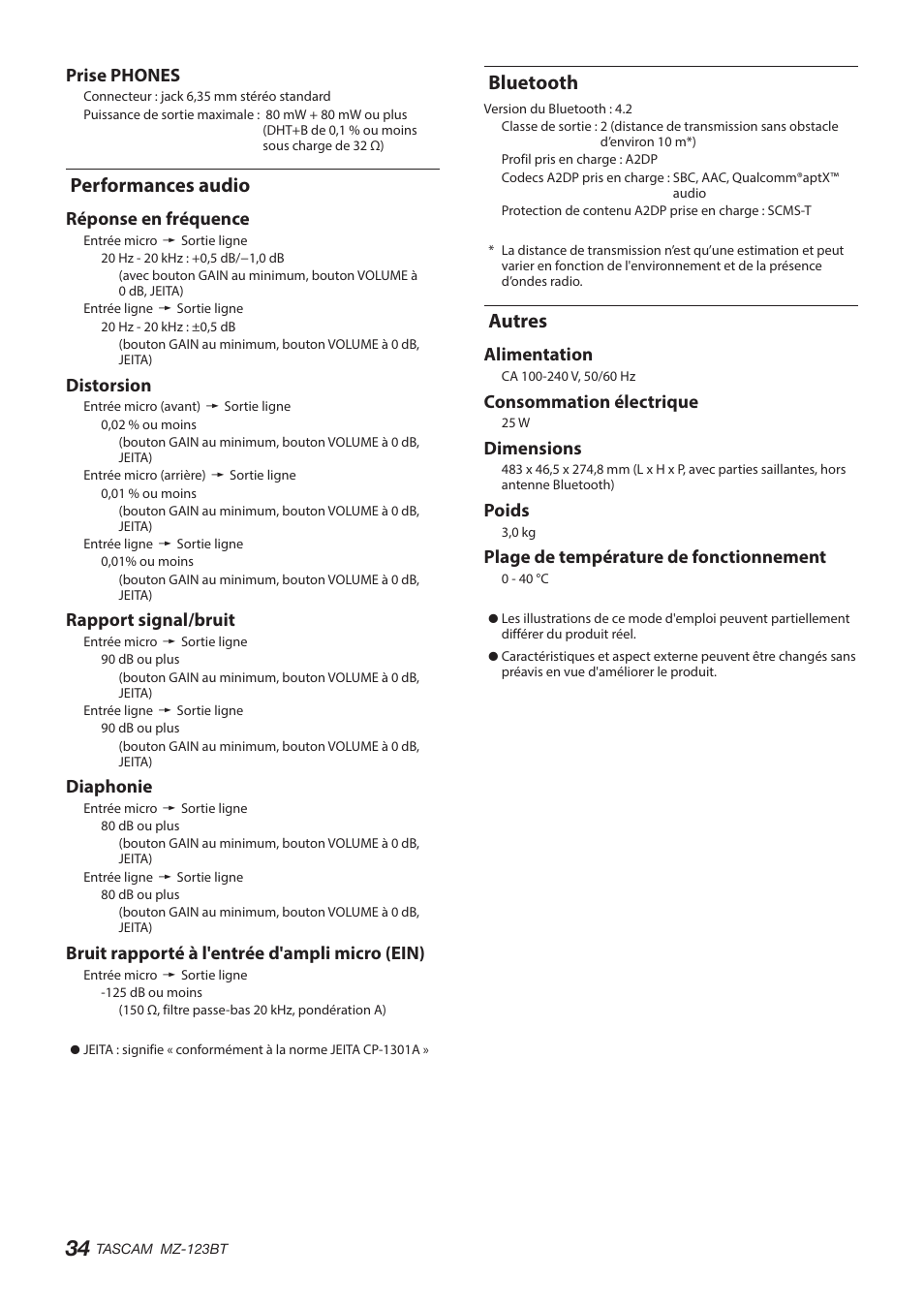 Performances audio, Bluetooth, Autres | Performances audio bluetooth autres, Prise phones, Réponse en fréquence, Distorsion, Rapport signal/bruit, Diaphonie, Bruit rapporté à l'entrée d'ampli micro (ein) | Tascam MZ-123BT Multi-Zone Audio Mixer with Bluetooth User Manual | Page 34 / 104