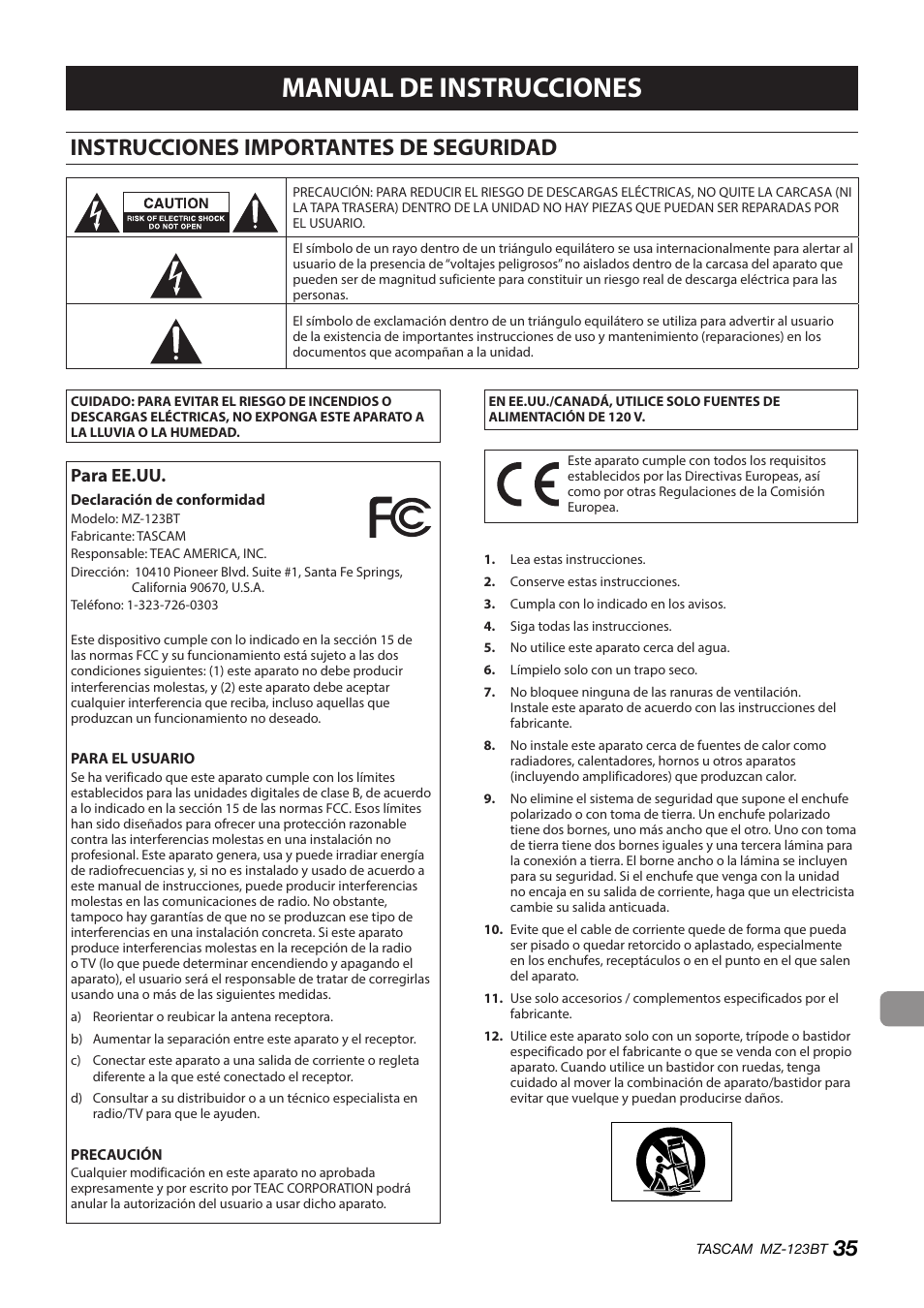 Español, Instrucciones importantes de seguridad, Manual de instrucciones | Para ee.uu | Tascam MZ-123BT Multi-Zone Audio Mixer with Bluetooth User Manual | Page 35 / 104