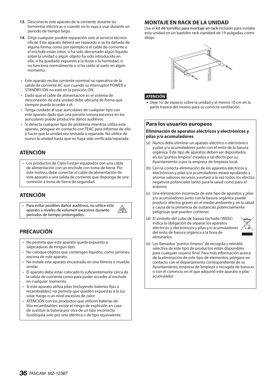 Atención, Precaución, Montaje en rack de la unidad | Para los usuarios europeos | Tascam MZ-123BT Multi-Zone Audio Mixer with Bluetooth User Manual | Page 36 / 104