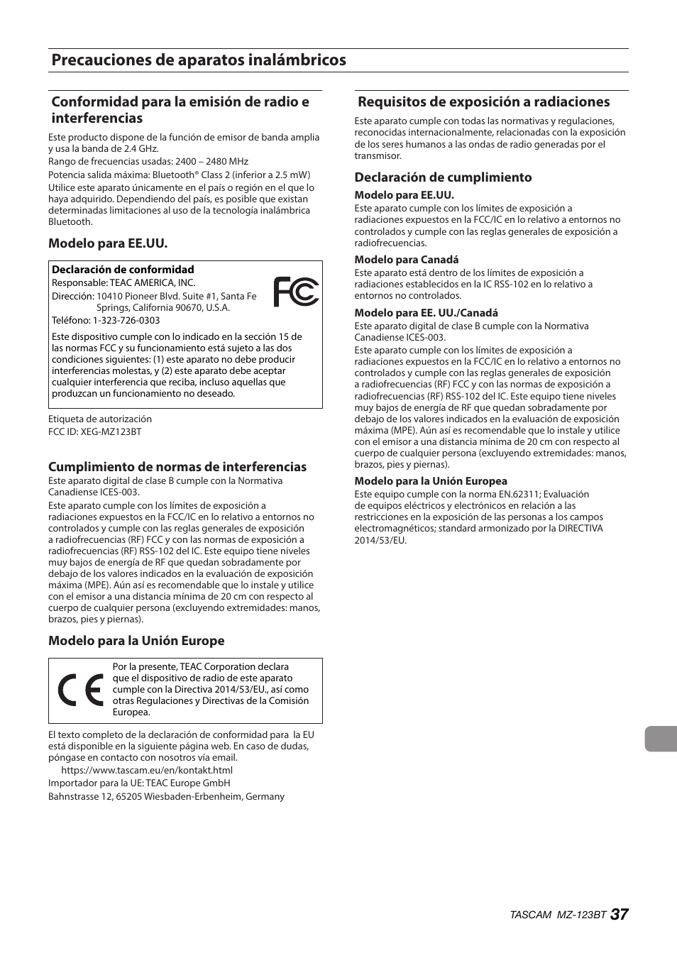 Precauciones de aparatos inalámbricos, Requisitos de exposición a radiaciones, Modelo para ee.uu | Cumplimiento de normas de interferencias, Modelo para la unión europe, Declaración de cumplimiento | Tascam MZ-123BT Multi-Zone Audio Mixer with Bluetooth User Manual | Page 37 / 104