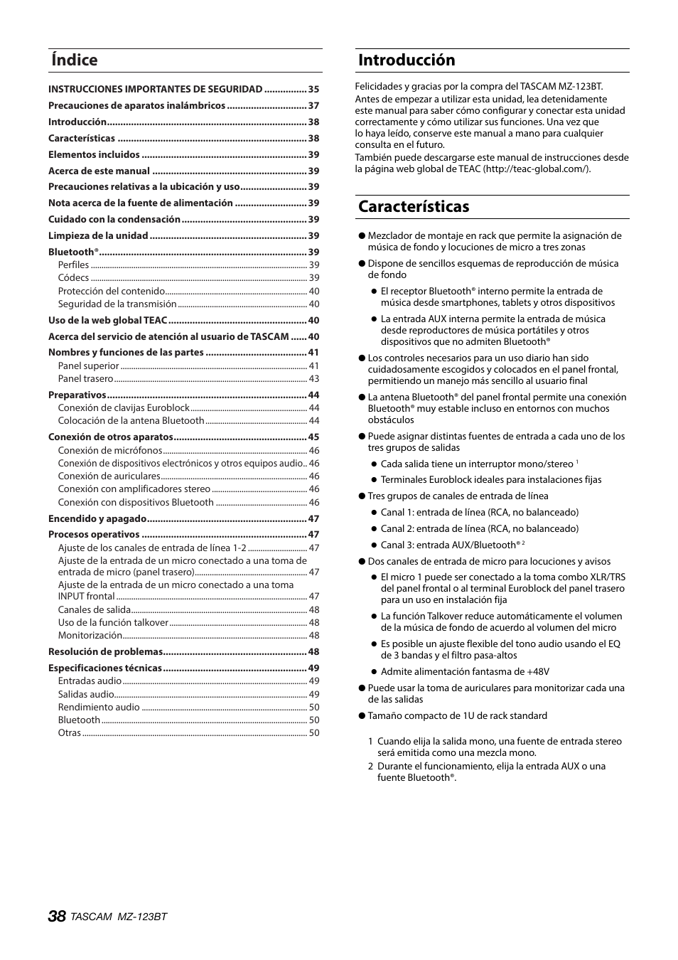 Introducción, Características, Índice | Tascam MZ-123BT Multi-Zone Audio Mixer with Bluetooth User Manual | Page 38 / 104