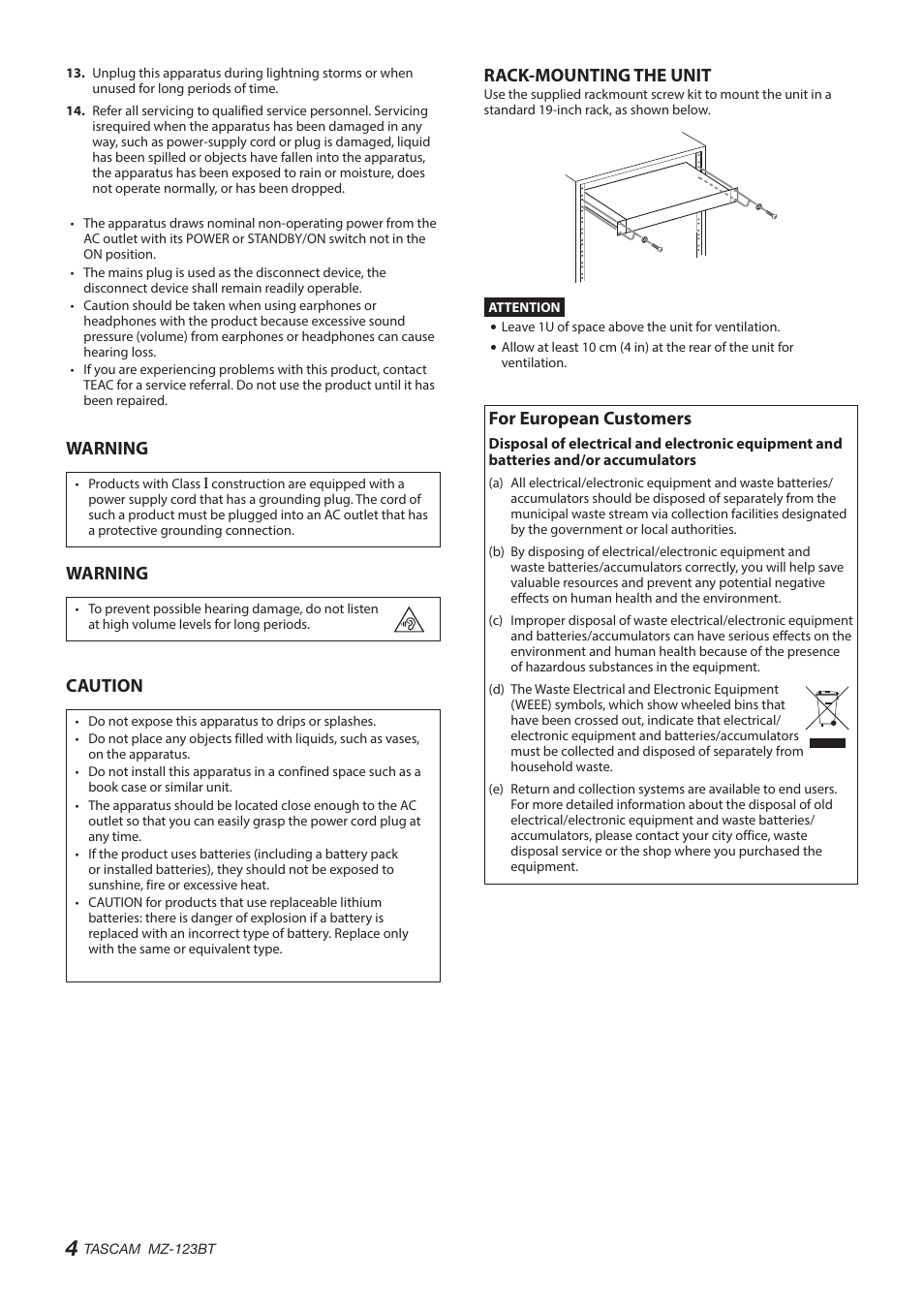 Warning, Caution, Rack-mounting the unit | For european customers | Tascam MZ-123BT Multi-Zone Audio Mixer with Bluetooth User Manual | Page 4 / 104