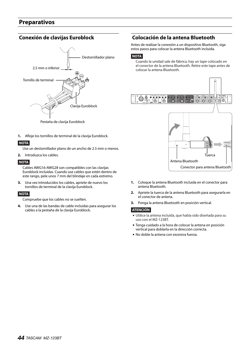 Preparativos, Conexión de clavijas euroblock, Colocación de la antena bluetooth | Tascam MZ-123BT Multi-Zone Audio Mixer with Bluetooth User Manual | Page 44 / 104