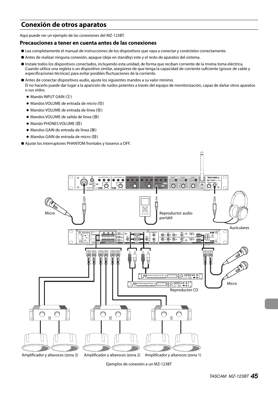 Conexión de otros aparatos | Tascam MZ-123BT Multi-Zone Audio Mixer with Bluetooth User Manual | Page 45 / 104