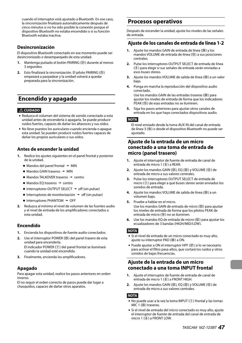 Encendido y apagado, Procesos operativos, Ajuste de los canales de entrada de línea 1-2 | Encendido y apagado procesos operativos, Input frontal, Desincronización, Antes de encender la unidad, Encendido, Apagado | Tascam MZ-123BT Multi-Zone Audio Mixer with Bluetooth User Manual | Page 47 / 104