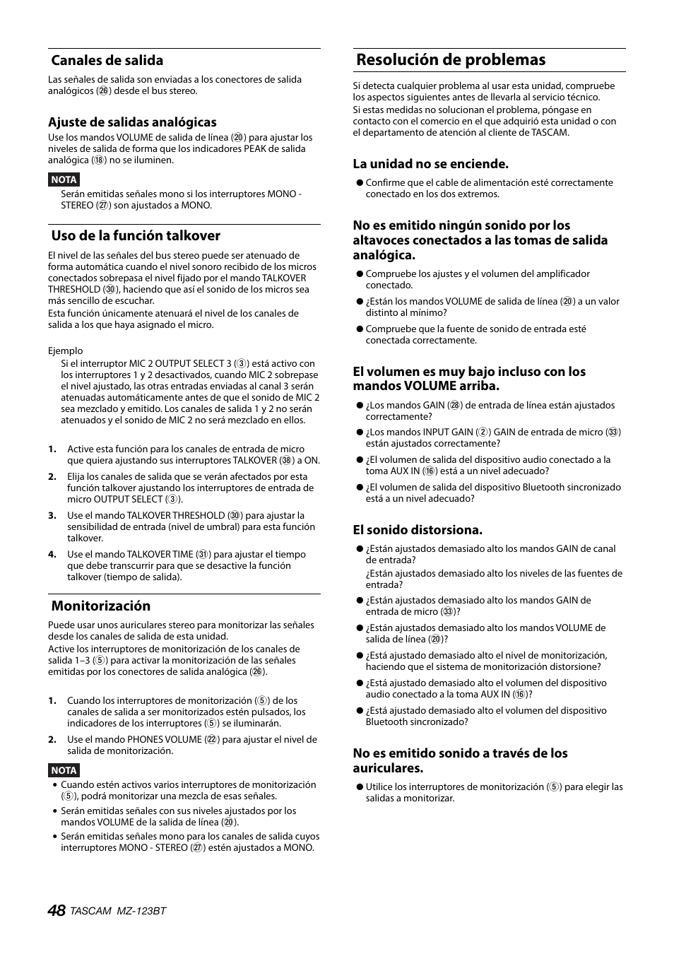 Canales de salida, Uso de la función talkover, Monitorización | Resolución de problemas, Vea “uso de la función talkover” en pág, Vea “uso de la función talkover” en pág. 48), Vea “uso, De la función talkover” en pág. 48), Ajuste de salidas analógicas, La unidad no se enciende | Tascam MZ-123BT Multi-Zone Audio Mixer with Bluetooth User Manual | Page 48 / 104