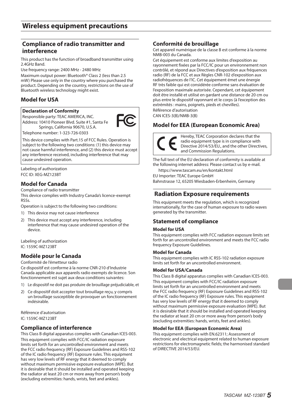 Wireless equipment precautions, Compliance of radio transmitter and interference, Radiation exposure requirements | Model for usa, Model for canada, Modèle pour le canada, Compliance of interference, Conformité de brouillage, Model for eea (european economic area), Statement of compliance | Tascam MZ-123BT Multi-Zone Audio Mixer with Bluetooth User Manual | Page 5 / 104