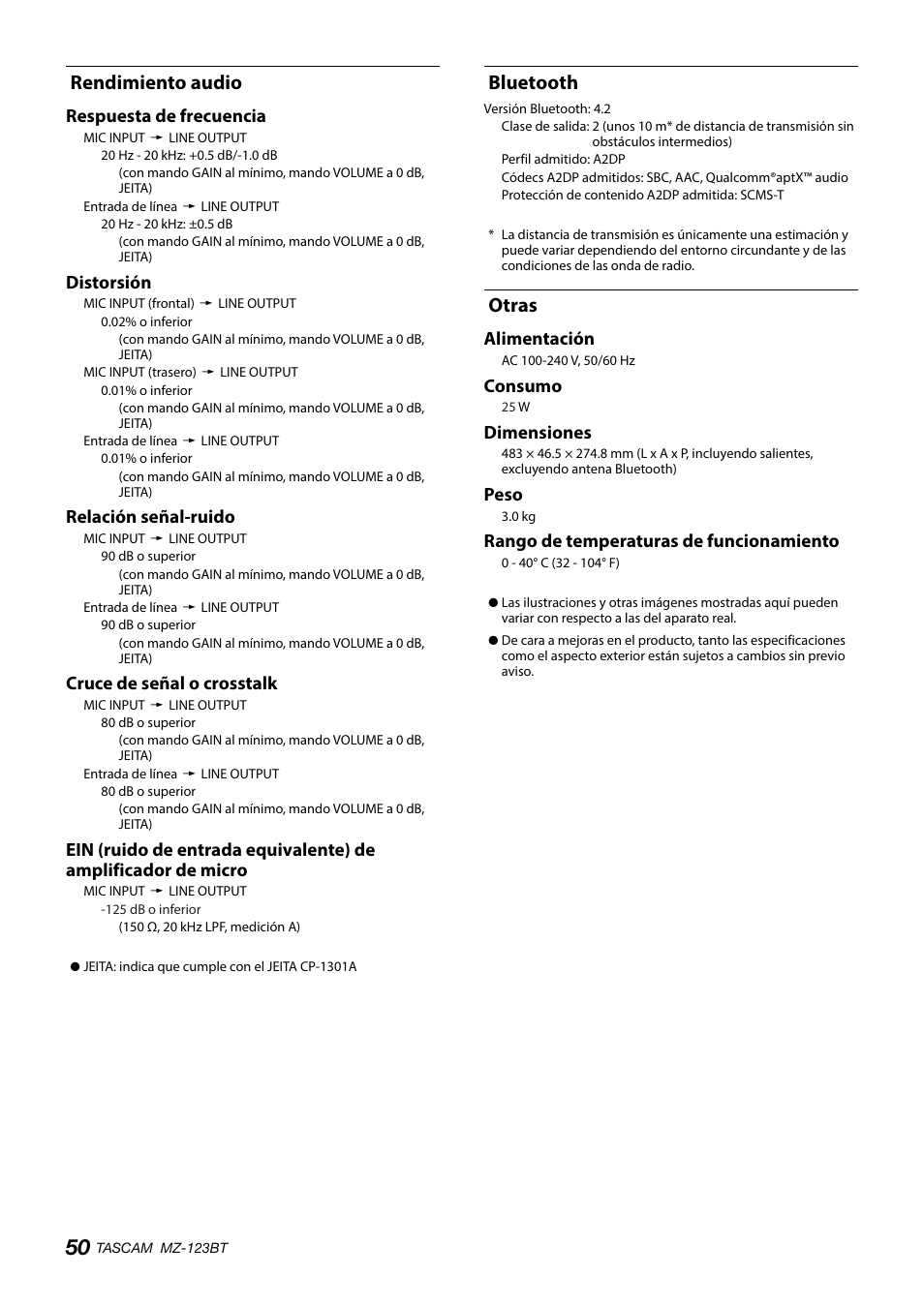 Rendimiento audio, Bluetooth, Otras | Rendimiento audio bluetooth otras, Respuesta de frecuencia, Distorsión, Relación señal-ruido, Cruce de señal o crosstalk, Alimentación, Consumo | Tascam MZ-123BT Multi-Zone Audio Mixer with Bluetooth User Manual | Page 50 / 104