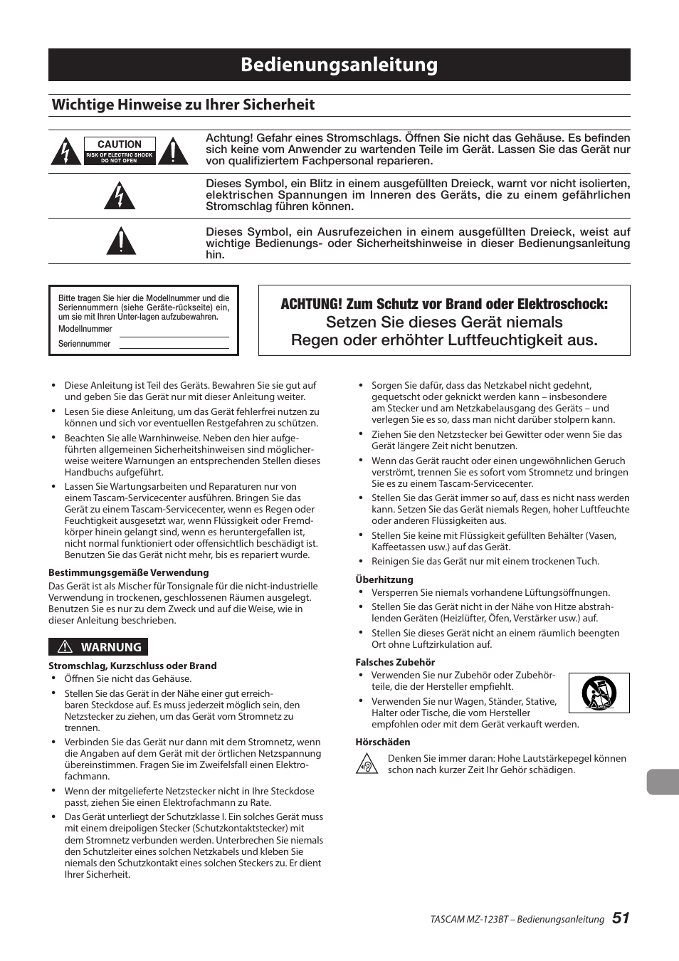 Deutsch, Wichtige hinweise zu ihrer sicherheit, Bedienungsanleitung | Achtung! zum schutz vor brand oder elektroschock | Tascam MZ-123BT Multi-Zone Audio Mixer with Bluetooth User Manual | Page 51 / 104