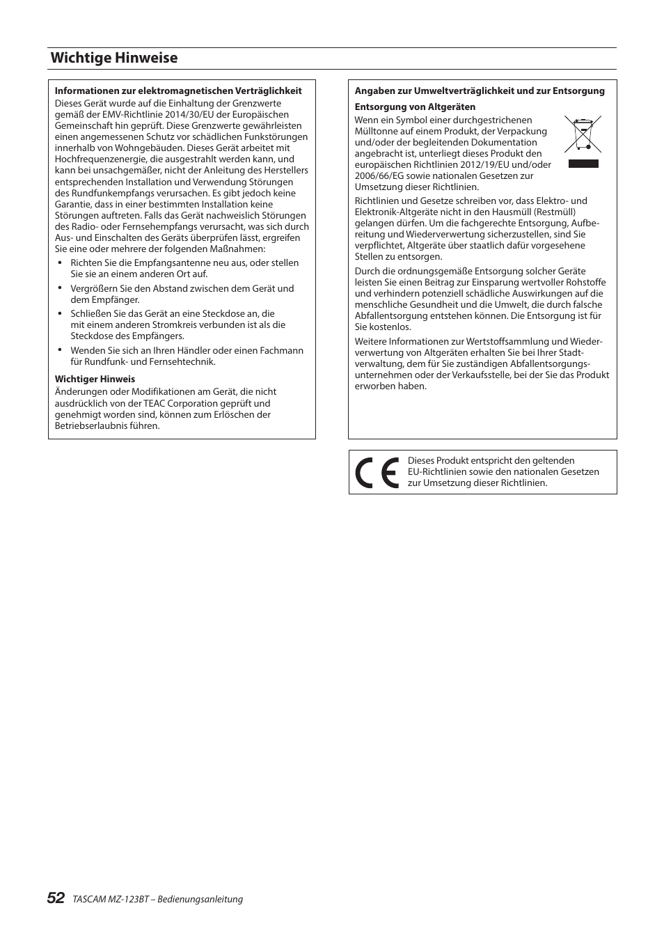 Wichtige hinweise | Tascam MZ-123BT Multi-Zone Audio Mixer with Bluetooth User Manual | Page 52 / 104