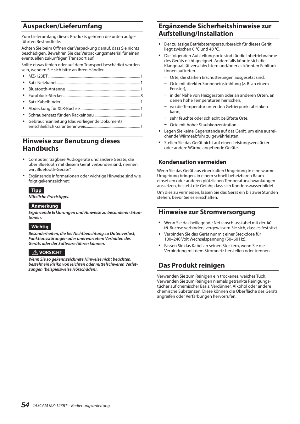 Auspacken/lieferumfang, Hinweise zur benutzung dieses handbuchs, Kondensation vermeiden | Hinweise zur stromversorgung, Das produkt reinigen, Ergänzende sicherheitshinweise zur aufstellung, Installation | Tascam MZ-123BT Multi-Zone Audio Mixer with Bluetooth User Manual | Page 54 / 104