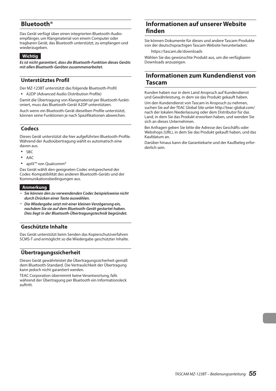 Bluetooth, Unterstütztes profil, Codecs | Geschützte inhalte, Übertragungssicherheit, Informationen auf unserer website finden, Informationen zum kundendienst von tascam, 55 bluetooth | Tascam MZ-123BT Multi-Zone Audio Mixer with Bluetooth User Manual | Page 55 / 104