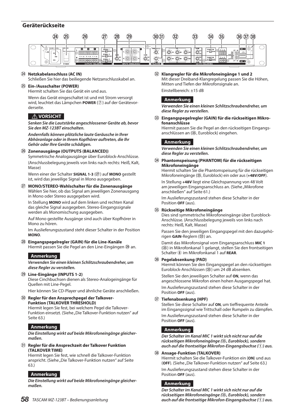 Geräterückseite | Tascam MZ-123BT Multi-Zone Audio Mixer with Bluetooth User Manual | Page 58 / 104