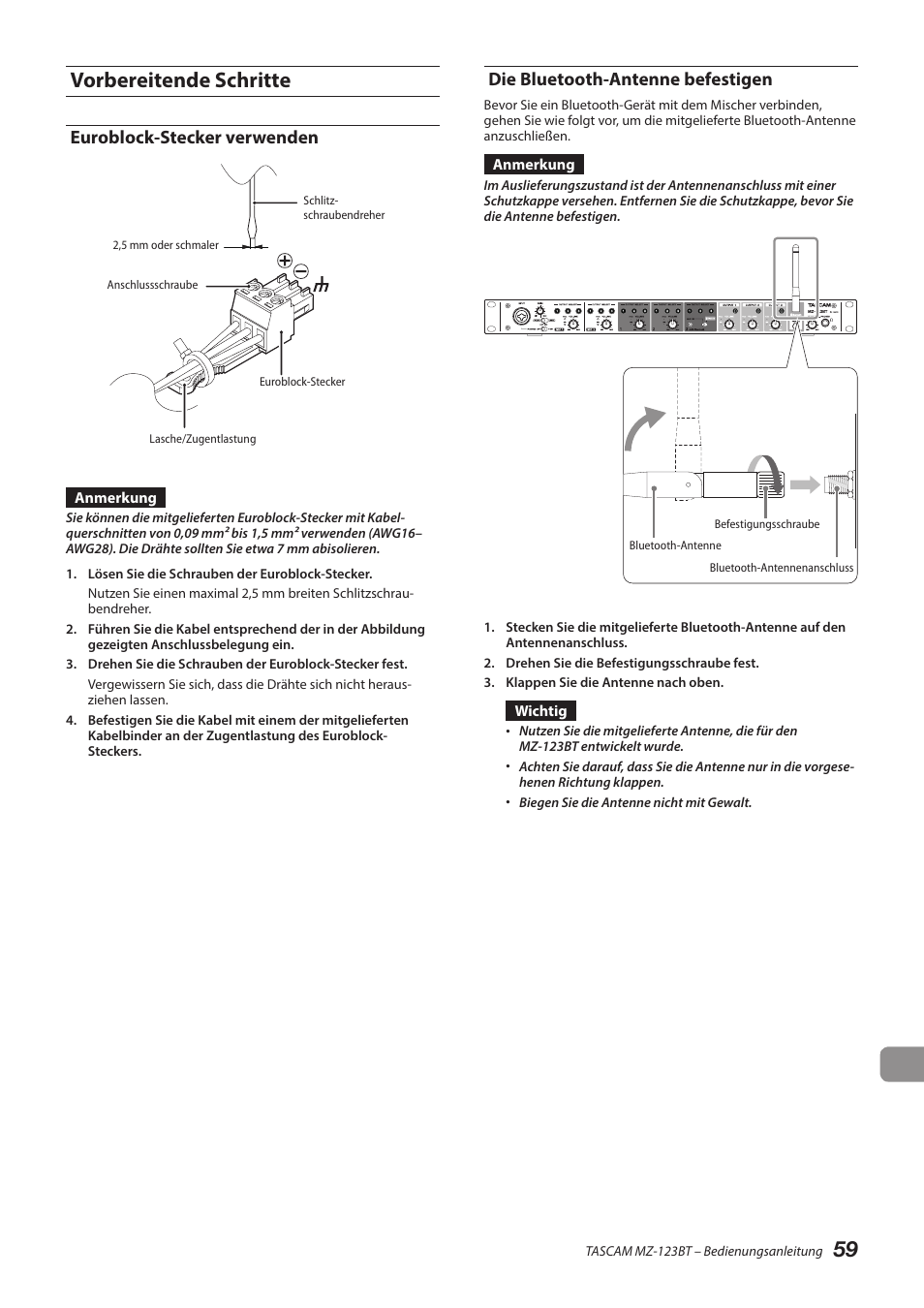 Vorbereitende schritte, Euroblock-stecker verwenden, Die bluetooth-antenne befestigen | 59 vorbereitende schritte | Tascam MZ-123BT Multi-Zone Audio Mixer with Bluetooth User Manual | Page 59 / 104