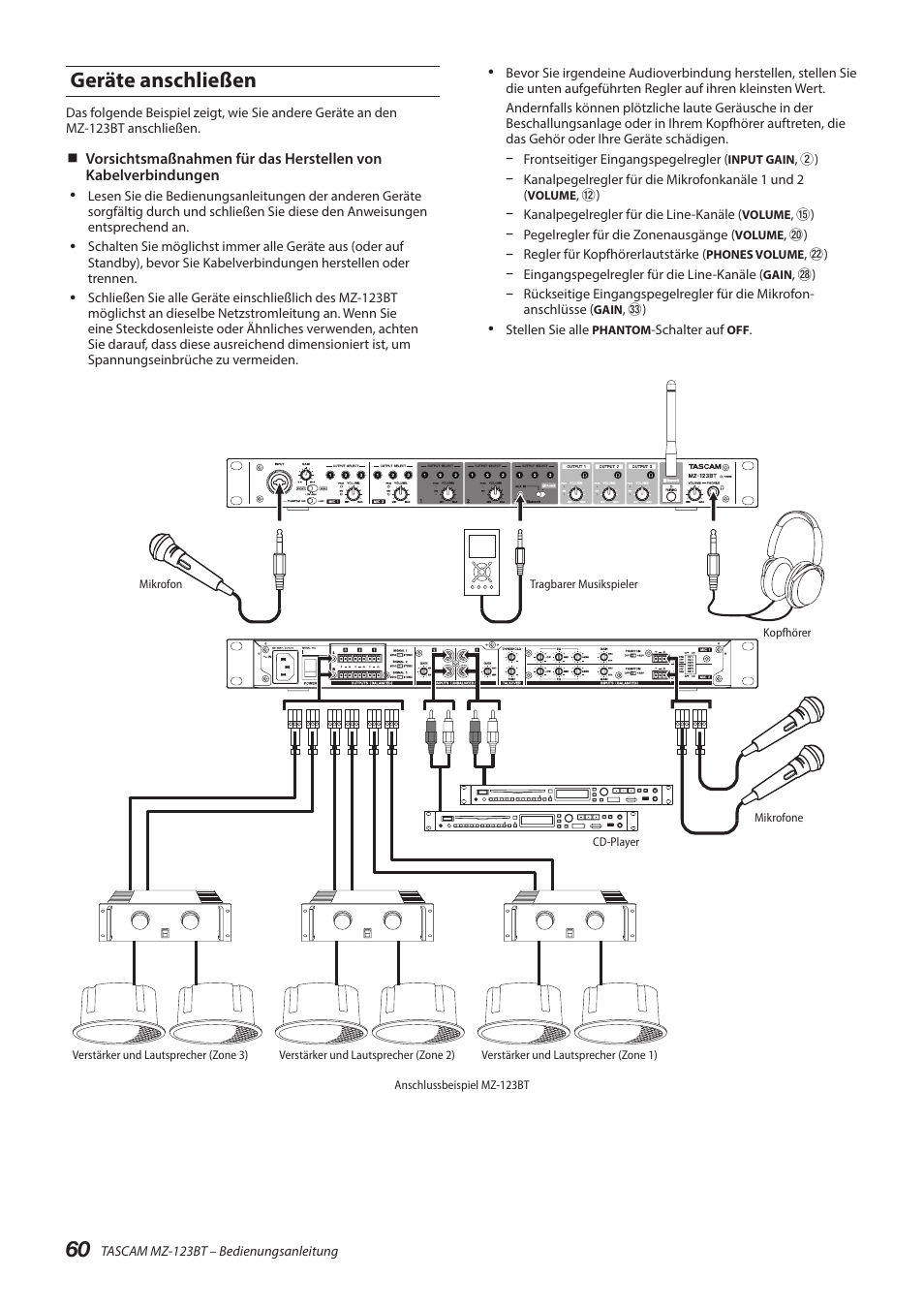 Geräte anschließen | Tascam MZ-123BT Multi-Zone Audio Mixer with Bluetooth User Manual | Page 60 / 104