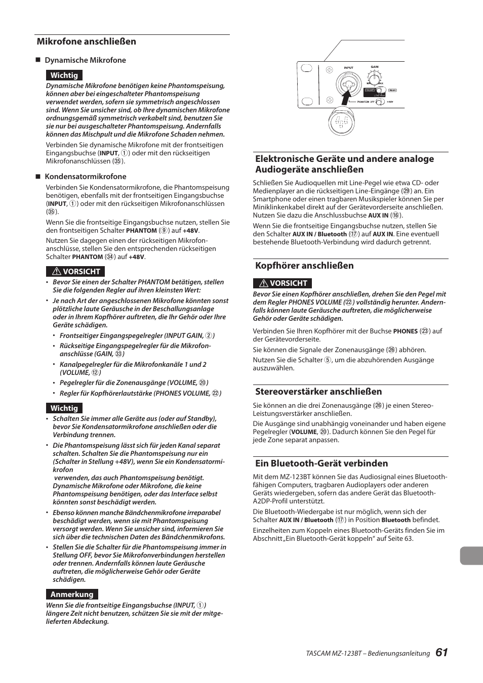 Mikrofone anschließen, Kopfhörer anschließen, Stereoverstärker anschließen | Ein bluetooth-gerät verbinden, Anschließen, Siehe „mikrofone, Anschließen“ auf seite 61.) | Tascam MZ-123BT Multi-Zone Audio Mixer with Bluetooth User Manual | Page 61 / 104