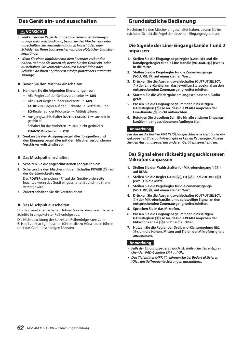 Das gerät ein- und ausschalten, Grundsätzliche bedienung, Anpassen | Tascam MZ-123BT Multi-Zone Audio Mixer with Bluetooth User Manual | Page 62 / 104