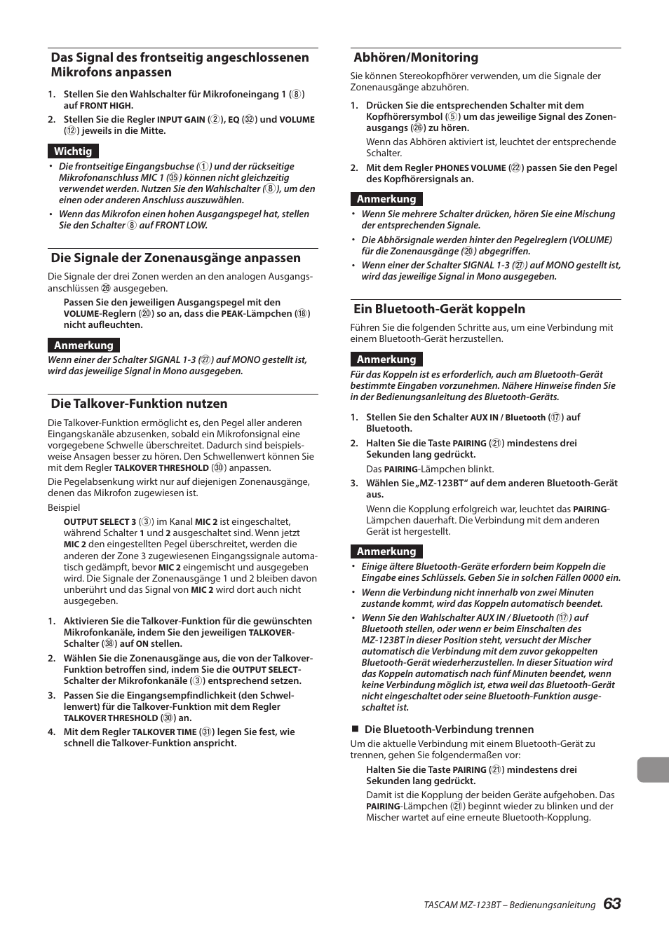 Die signale der zonenausgänge anpassen, Die talkover-funktion nutzen, Abhören/monitoring | Ein bluetooth-gerät koppeln, Anpassen, Siehe „die talkover-funktion nutzen“ auf, Seite 63.), Siehe „die talkover-funktion nutzen“ auf seite | Tascam MZ-123BT Multi-Zone Audio Mixer with Bluetooth User Manual | Page 63 / 104