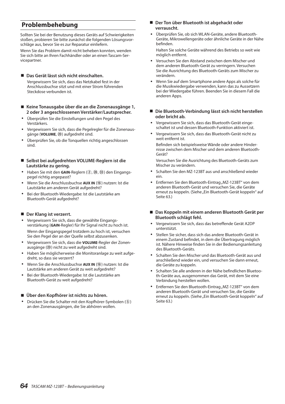 Problembehebung | Tascam MZ-123BT Multi-Zone Audio Mixer with Bluetooth User Manual | Page 64 / 104