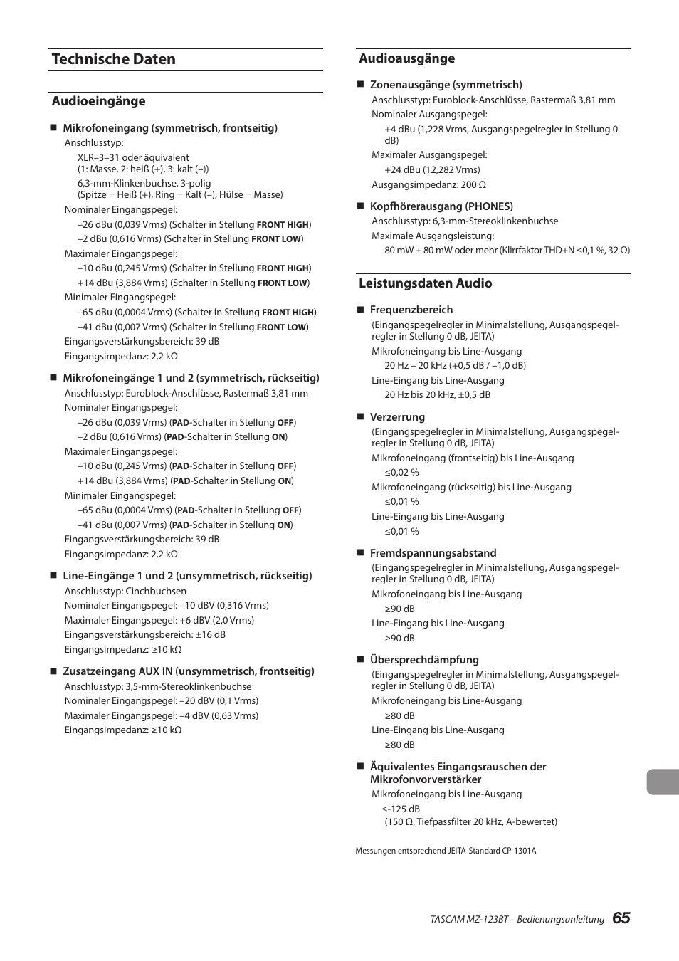 Technische daten, Audioeingänge, Audioausgänge | Leistungsdaten audio, 65 technische daten | Tascam MZ-123BT Multi-Zone Audio Mixer with Bluetooth User Manual | Page 65 / 104