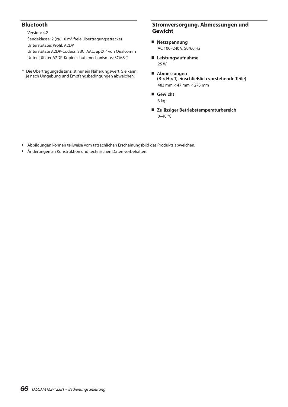Bluetooth, Stromversorgung, abmessungen und gewicht | Tascam MZ-123BT Multi-Zone Audio Mixer with Bluetooth User Manual | Page 66 / 104